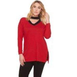💕 NWT Vince Camuto Plus Size 1X 2X Women's Red Black Mock Choker V-Neck Sweater